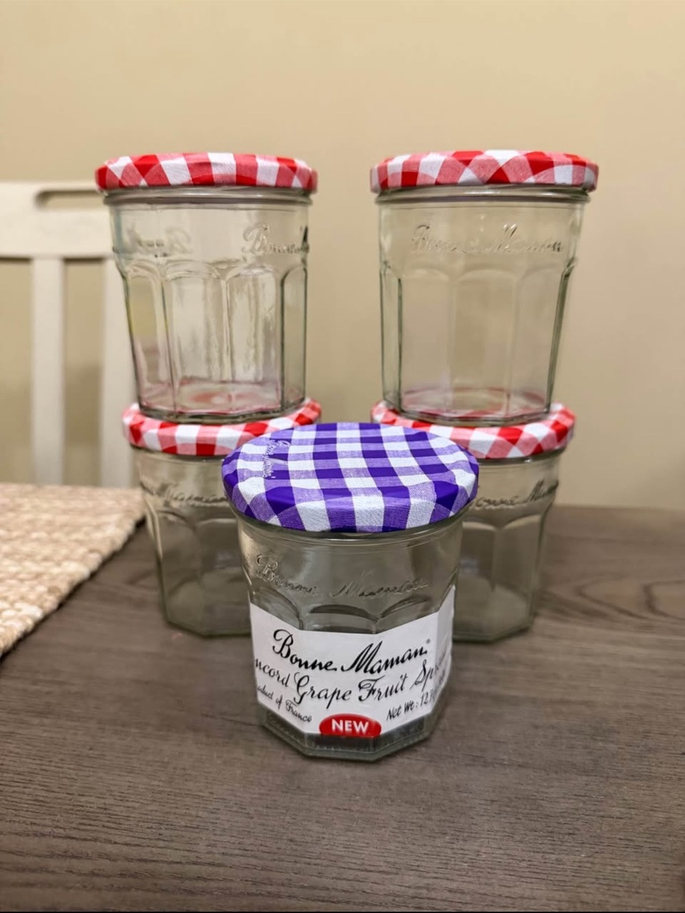 Glass Jam Jars with Red & Purple Gingham Lids